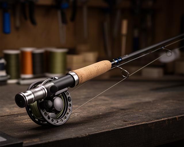 Hardy Ultralite Fliegenrute auf einer dunklen Werkbank mit montierter Rolle