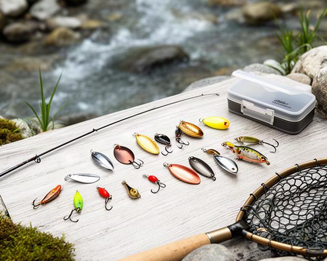 Sortiertes Forellenköder-Set mit kleinen Blinkern und Spinnern neben einer Bachufer-Ausrüstung