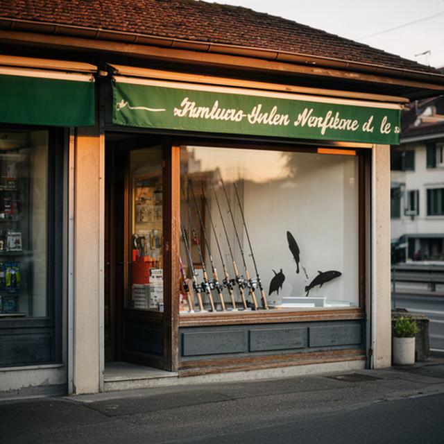 Familiengeführtes Angelgeschäft an der Ausfahrt A1 in Le Grand-Saconnex mit Ruten im Schaufenster